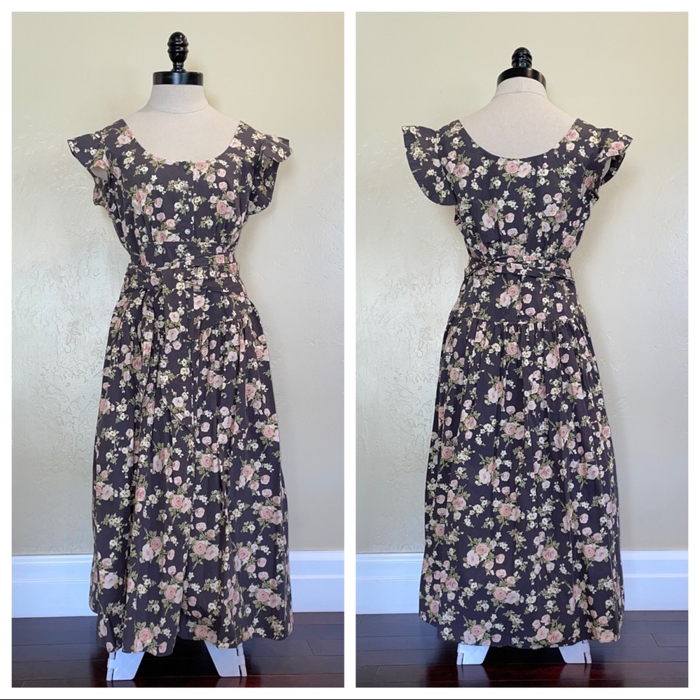 Rebecca Taylor La Vie Midi Dress Floral Button Short Sleeve Tie Wrap Gray Medium